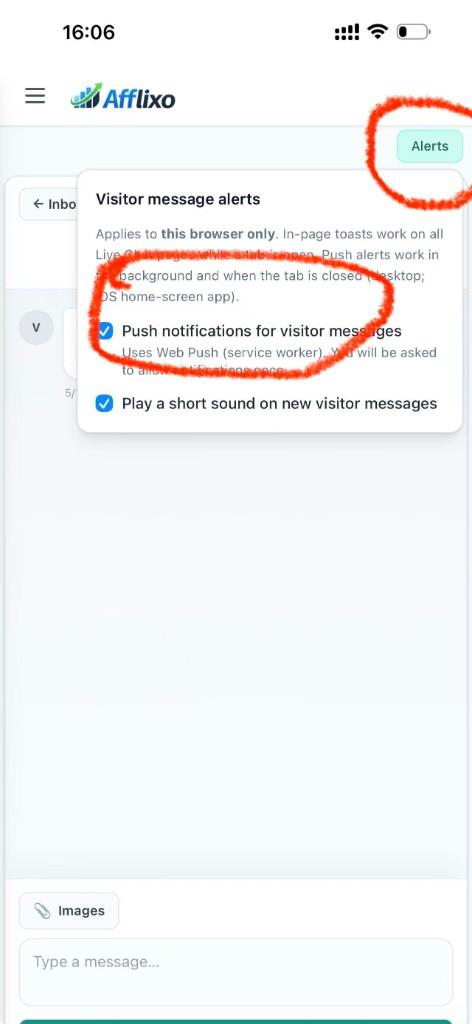 Live Chat with Alerts button and push notifications checkbox highlighted